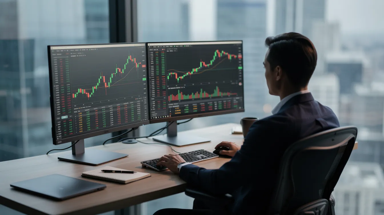 The image depicts a person sitting at a desk with dual monitors displaying various financial charts related to forex trading. The screens feature detailed graphs and data on currency pairs, reflecting the dynamic nature of the forex market and the strategies employed by forex traders.
