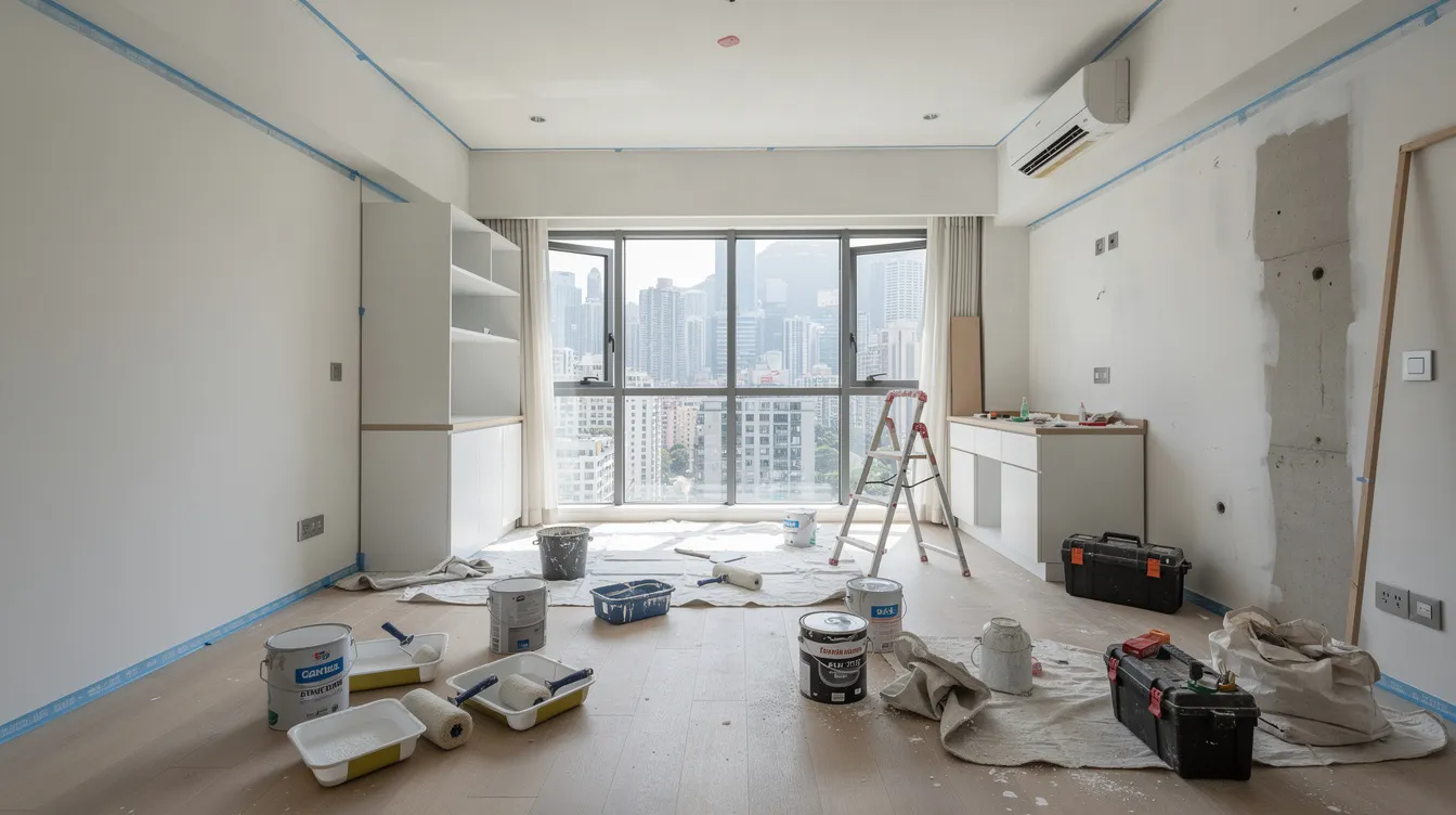 The image shows a modern Hong Kong apartment interior undergoing renovation, with paint rollers and various tools scattered on the floor. The space reflects a contemporary design, highlighting the ongoing transformation of the living area.