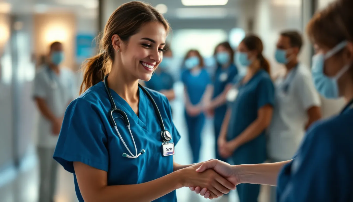 A nurse maintaining professional relationships post-resignation with colleagues, with faces blurred.