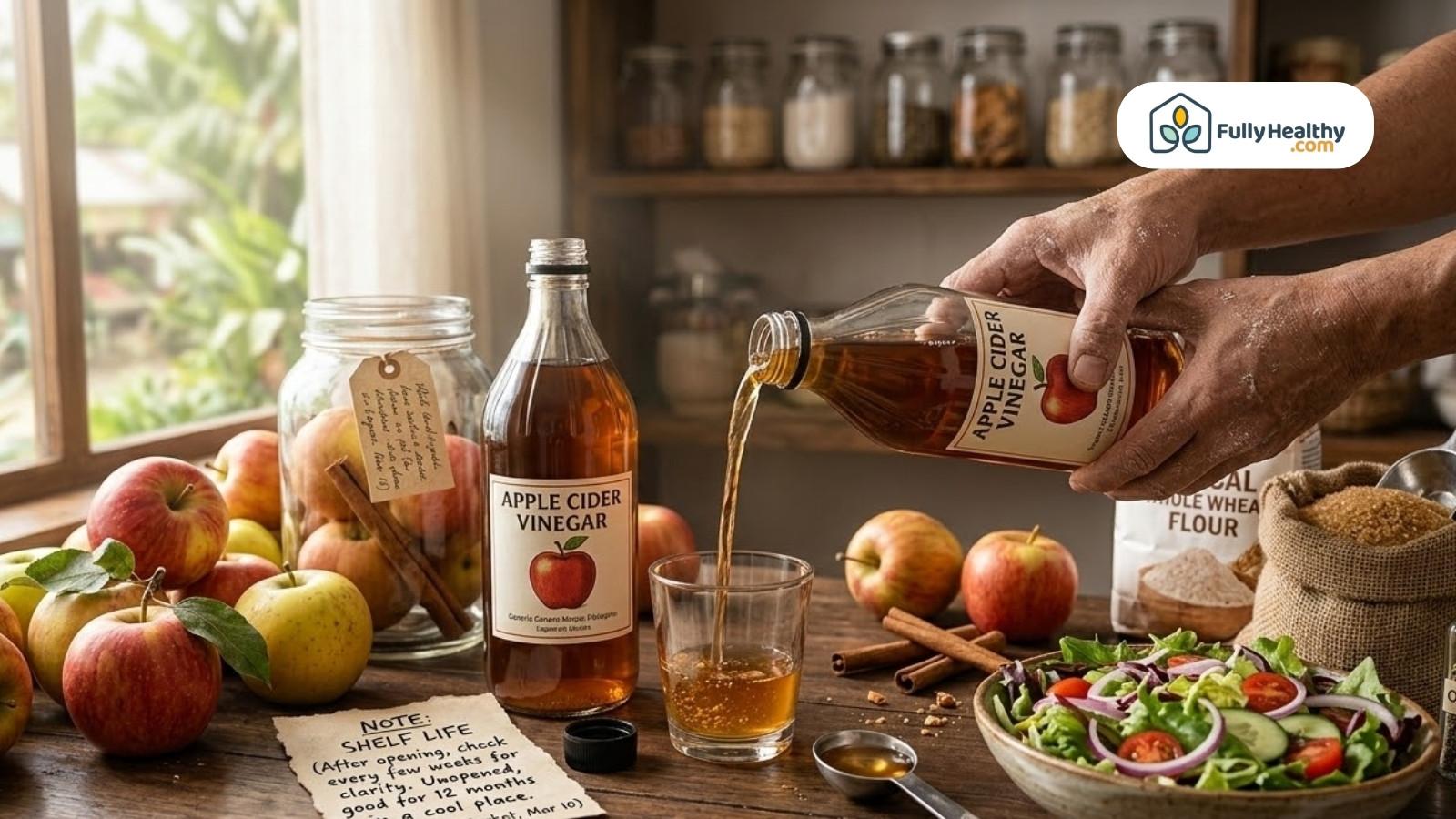 Pouring apple cider vinegar near salad and fresh apples