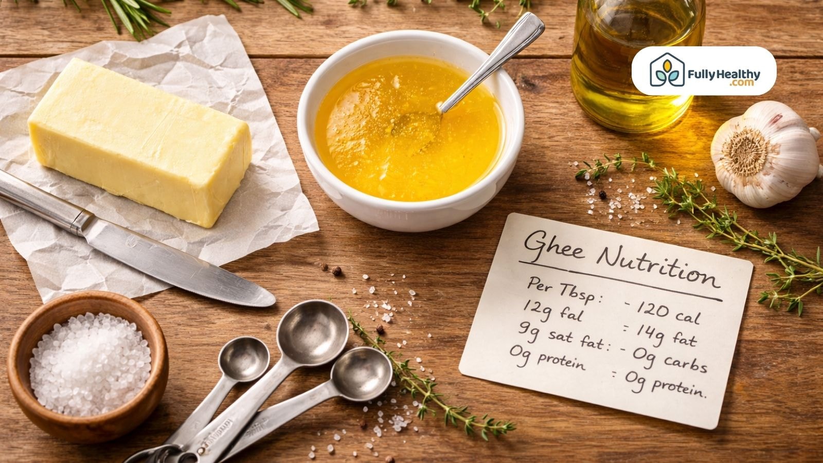 Butter block and ghee bowl with nutrition note