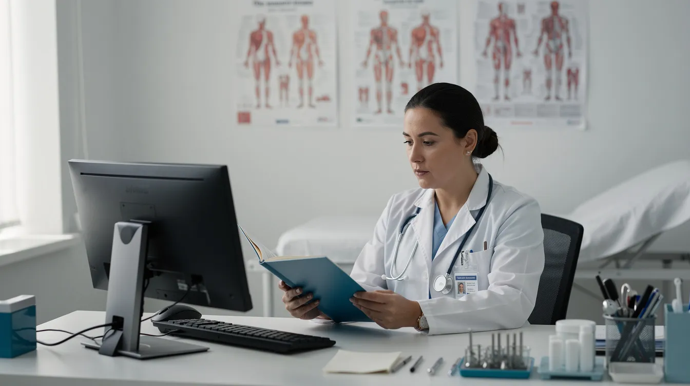 A medical professional is reviewing patient records in a clinical setting, highlighting the importance of accurate documentation in preventing medical errors and potential medical malpractice claims. This careful examination is crucial for ensuring quality care and addressing any instances of medical negligence.