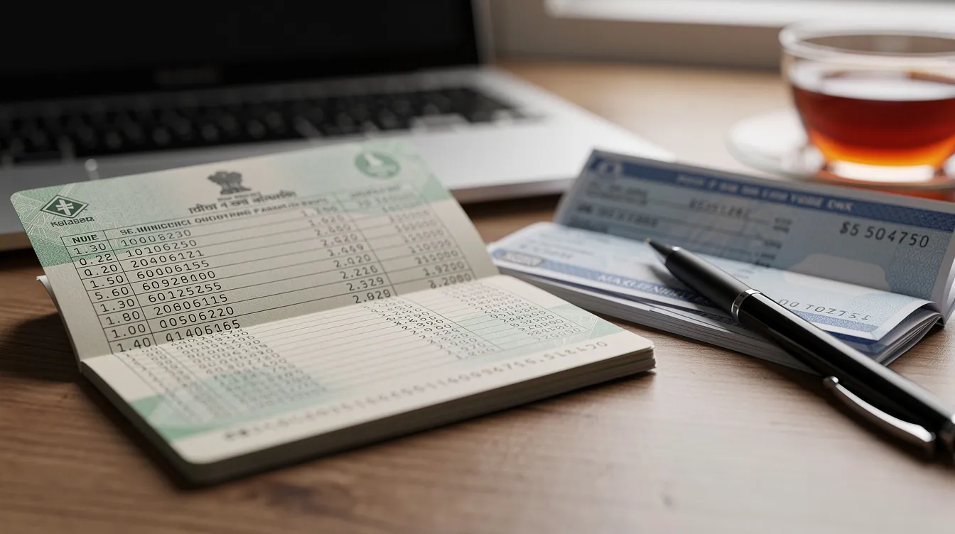 The image shows an open Indian bank passbook on a desk, accompanied by a cheque book, displaying important banking details such as the IFSC code and MICR code. This setting suggests a focus on managing finances and accessing information related to the Kalyan Janata Sahakari Bank.