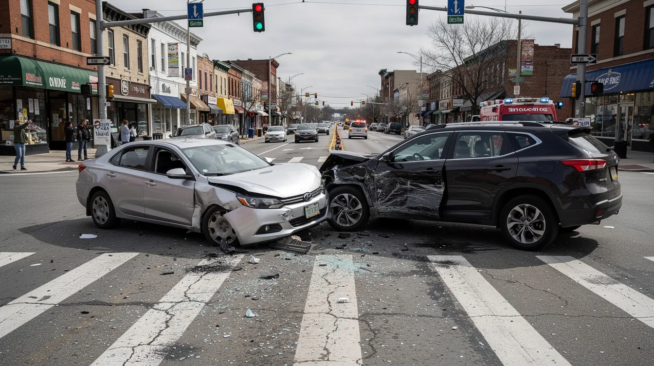The image depicts a serious car crash at an intersection, where two vehicles have collided, resulting in significant damage. Car accidents frequently happen in such areas due to factors like distracted driving and reckless behavior, making intersections a common site for motor vehicle accidents.