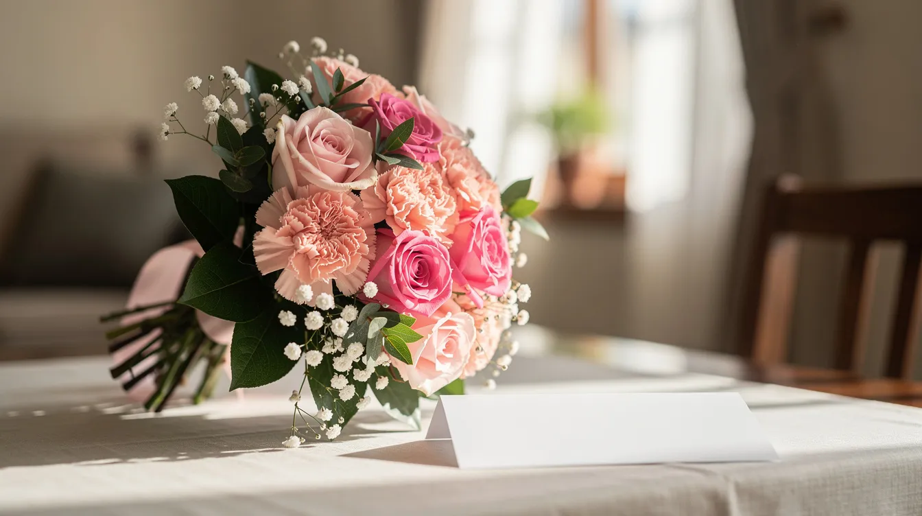 A beautifully arranged round hand-tied bouquet featuring pink roses, soft pink carnations, and delicate baby’s breath sits elegantly on a table, bathed in soft morning light. This stunning bouquet, perfect for expressing gratitude and admiration on Mother's Day, is accompanied by a simple blank greeting card, set against a warm Filipino home interior that evokes feelings of love and appreciation for mothers.