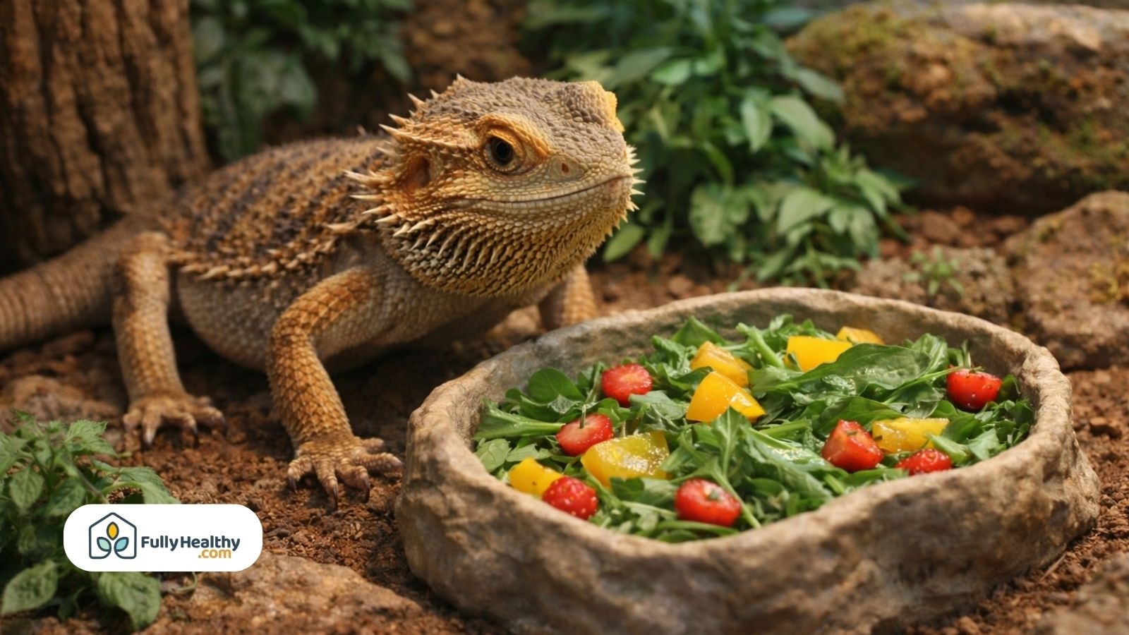 Bearded dragon beside bowl of leafy greens strawberries and yellow peppers