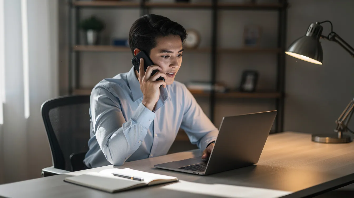 A person is sitting at a desk, making a phone call while looking at a laptop screen, possibly discussing a lost check or payment request. This scene highlights the importance of immediate action when dealing with missing checks and the need to contact a bank for a stop payment request.