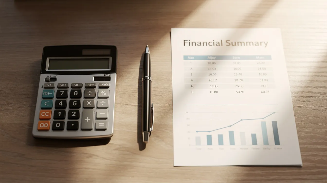 A calculator, pen, and printed financial summary are neatly arranged on a wooden desk, illuminated by soft natural lighting, suggesting a focus on budgeting for health and wellness purchases, including potential plastic surgery financing options. The scene conveys a sense of organization and preparation for managing payment plans and medical expenses.