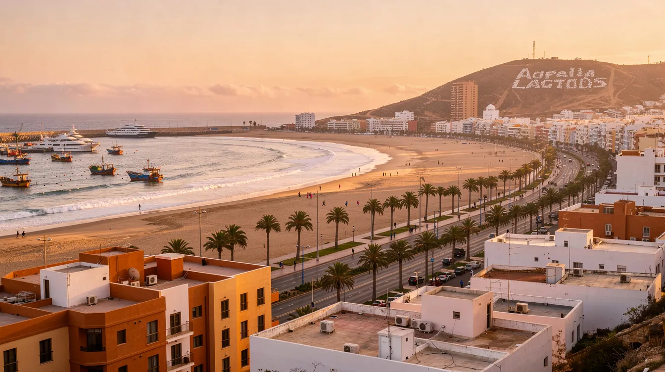 A imagem mostra a cidade de Agadir, em Marrocos, com suas construções em tons de vermelho e o Oceano Atlântico ao fundo, refletindo a beleza da costa. As montanhas ao redor complementam a paisagem, destacando a rica herança cultural e a história da região.