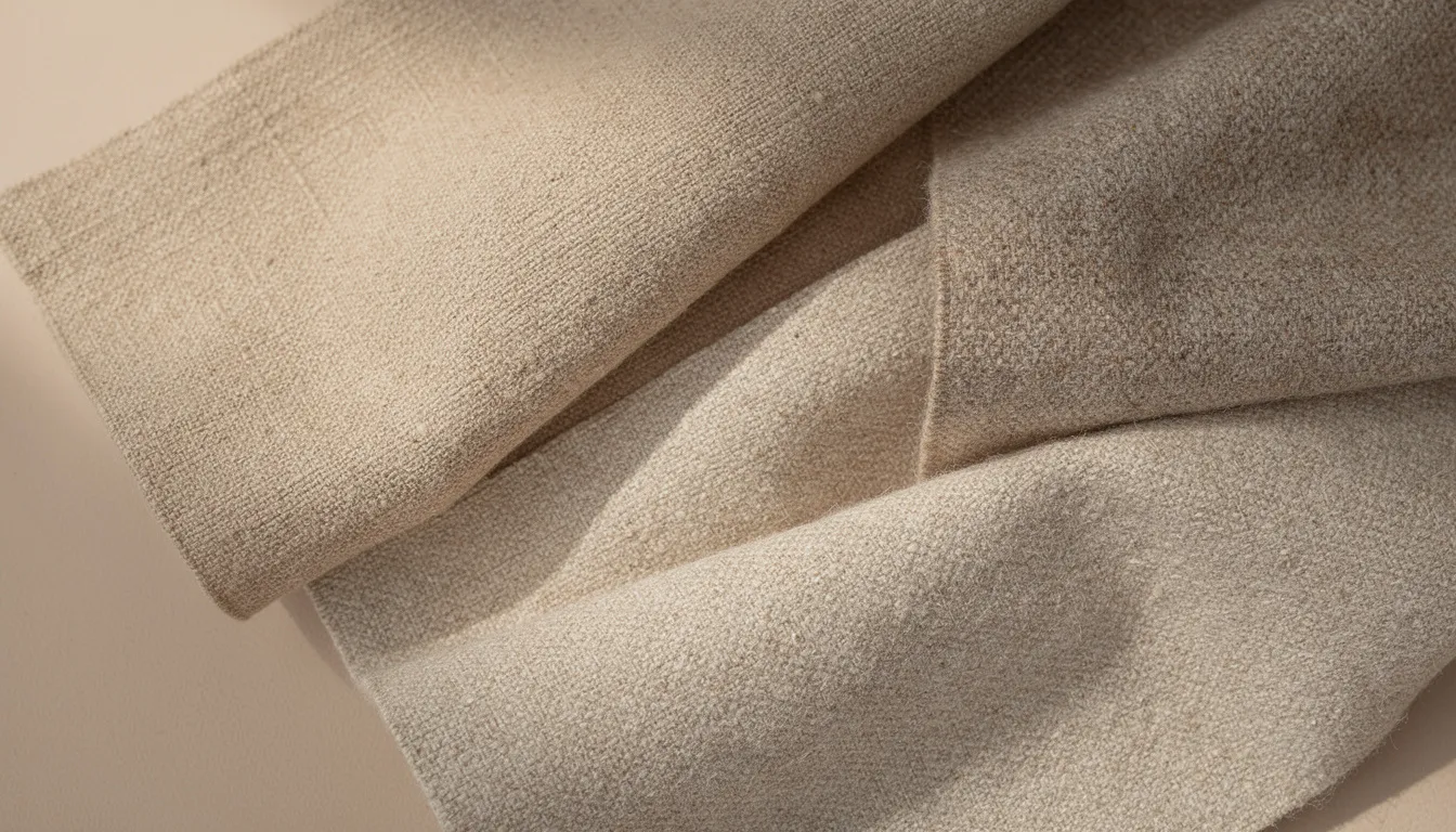 Närbild av olika tygprover i beige, sand och greigetoner, som visar mjuka och neutrala nyanser som passar bra för inredning av soffor. Dessa material kan användas för att skapa en stilren och harmonisk design i vardagsrummet.