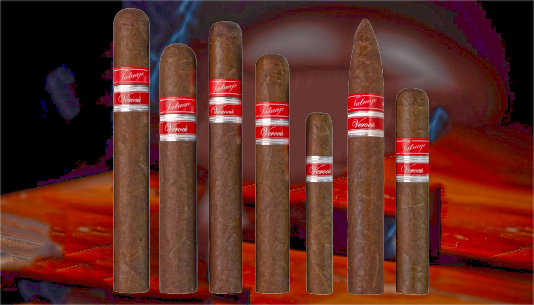 Various Tatuaje Verocu cigars lined up in a row