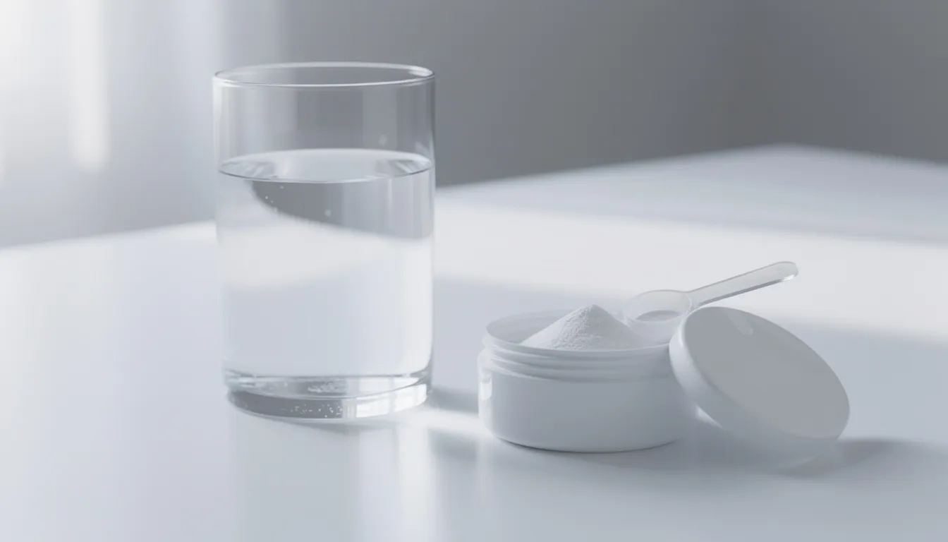 The image shows a clear glass of water placed beside a small container of creatine supplement powder, which is often used for muscle growth and enhancing athletic performance. This setup suggests the importance of hydration and supplementation in a fitness regimen aimed at maximizing muscle mass and recovery.