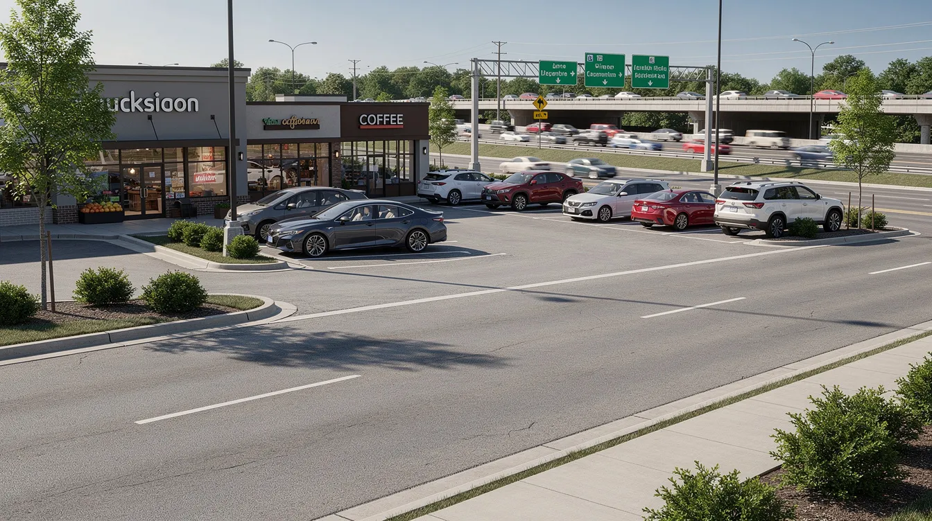 The image depicts a suburban road lined with retail storefronts, where vehicles are navigating a busy parking lot exit that leads to a nearby highway. This scene highlights the potential risks of car accidents in commercial areas, emphasizing the importance of having an experienced car accident attorney to assist victims in recovering fair compensation for their injuries and damages.