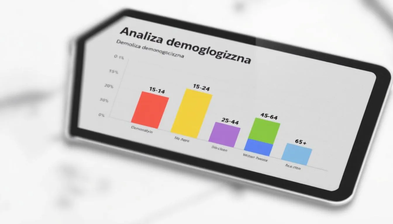 Na tablecie widoczna jest analiza demograficzna, która przedstawia różne grupy wiekowe potencjalnych klientów. Tego rodzaju dane są kluczowe dla skutecznej strategii promocyjnej, umożliwiając lepsze zrozumienie docelowej grupy odbiorców.
