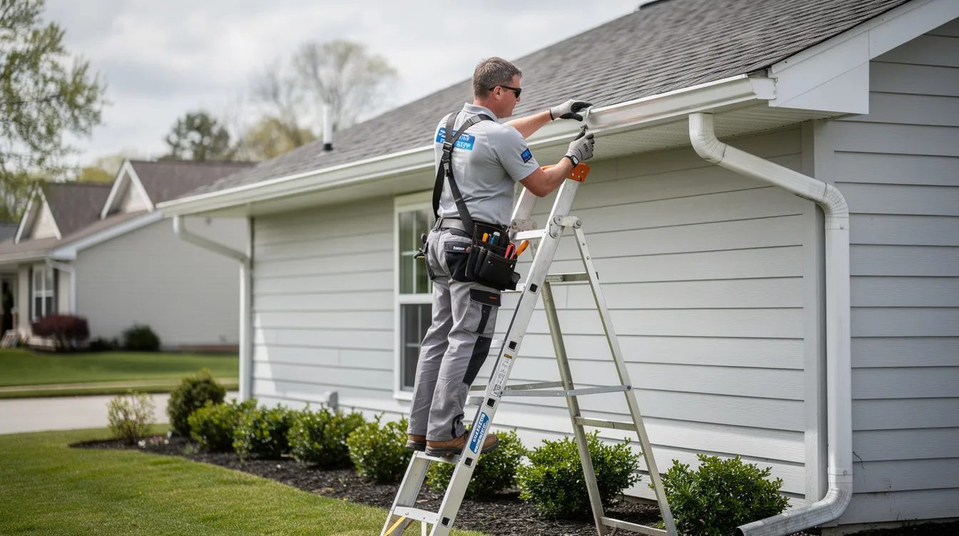 A professional gutter technician is seen on a ladder, diligently working on seamless aluminum gutters attached to a residential home. This image highlights essential gutter services, including installation and maintenance, to protect the property from potential water damage.