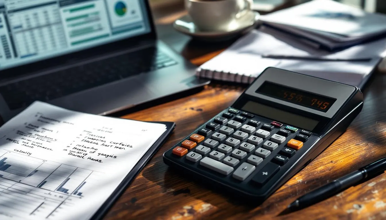 The image shows a calculator alongside various financial planning documents spread out on a desk, emphasizing the importance of strategies for retirement savings and investment decisions. These materials may include information on annuities, fixed payments, and the critical evaluation of financial products to secure a stable financial future.