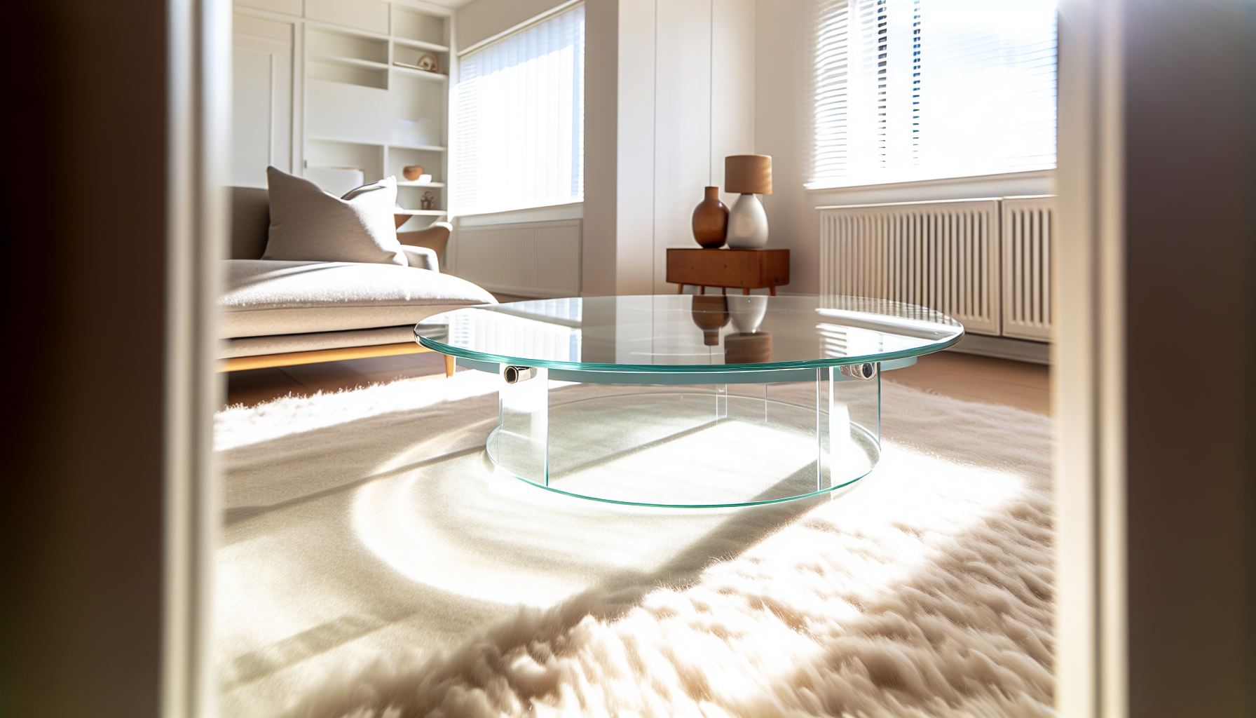 A minimalist glass round coffee table in a bright living space