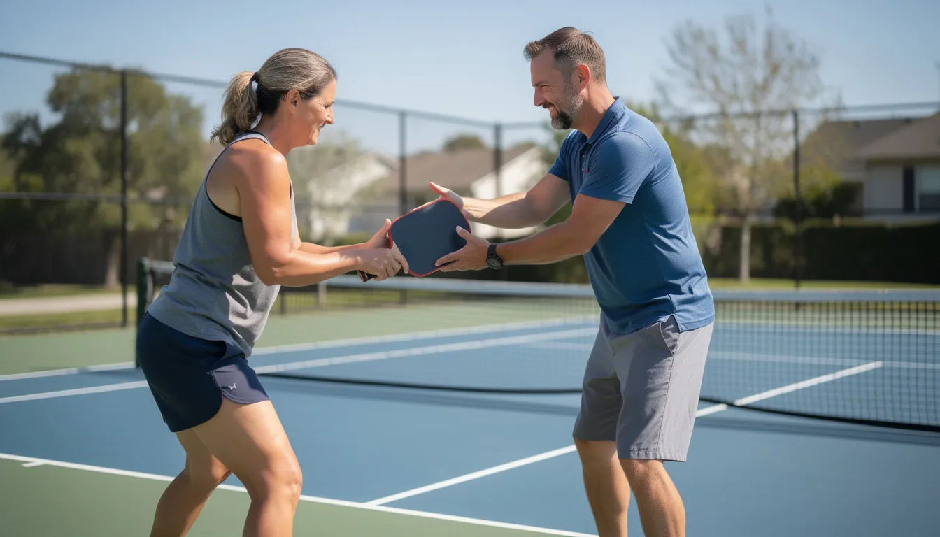 A beginner pickleball player is practicing their paddle grip and stance on an outdoor court, surrounded by a vibrant community atmosphere. The player is focused on learning the fundamentals of the sport, ready to start enjoying the fun and engaging game of pickleball.
