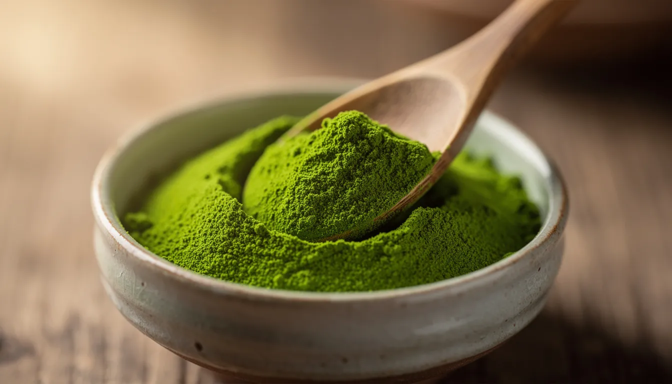 Eine Nahaufnahme zeigt leuchtend grünes Matcha-Pulver in einer kleinen Keramikschale, begleitet von einem Bambuslöffel. Die intensive Farbe des Matcha vermittelt die Frische und Qualität des grünen Tees, der oft in köstlichen Rezepten für Matcha Kekse verwendet wird.