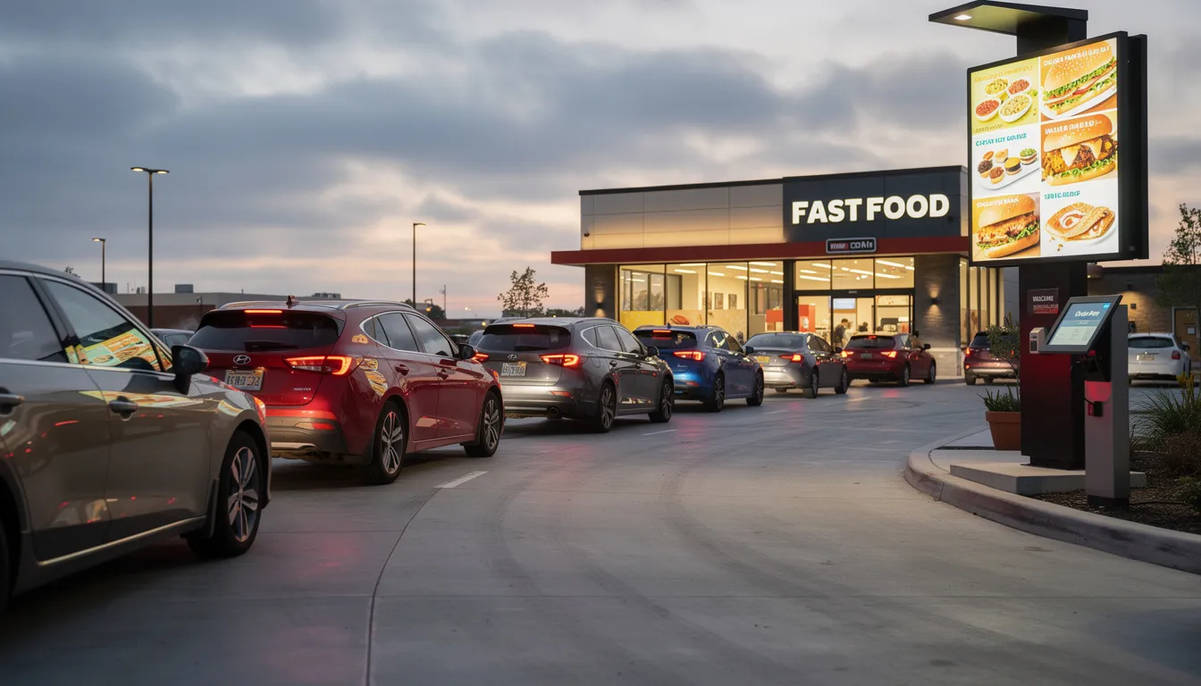 The image depicts a busy drive-thru lane at a fast food restaurant, with multiple cars lined up as customers wait to place their orders. This quick service restaurant scene highlights the efficiency and speed of service expected in the fast food industry.
