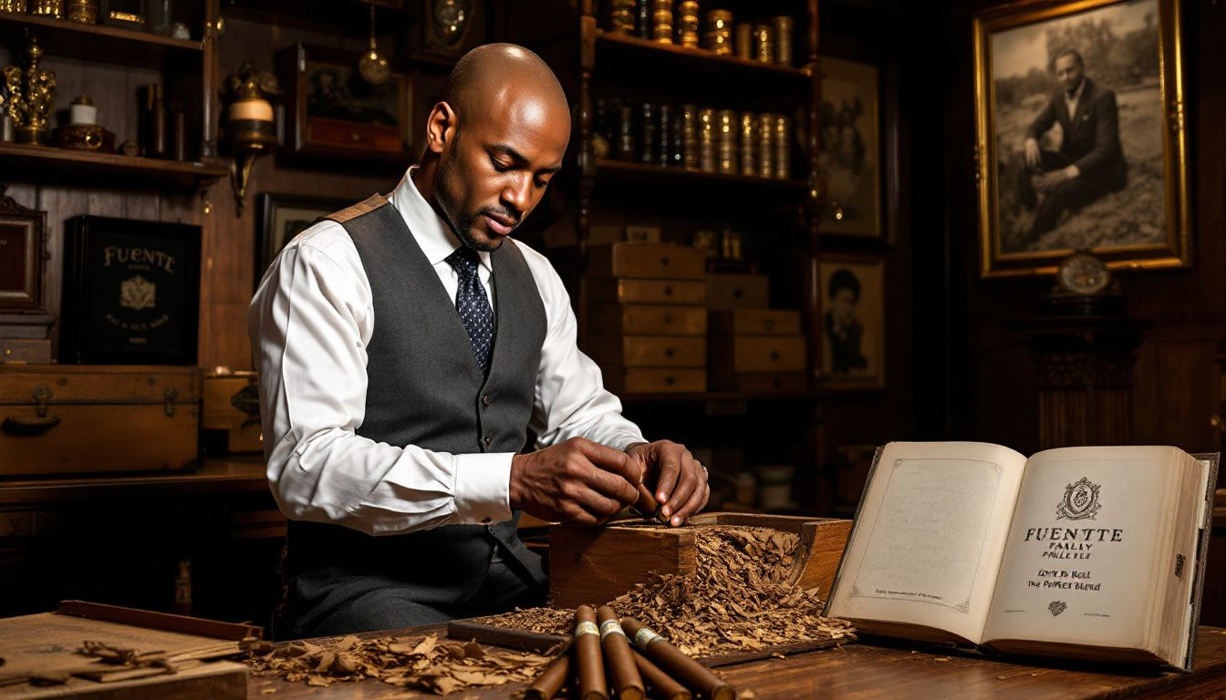 Artisan at work crafting premium cigars from the Fuente family.