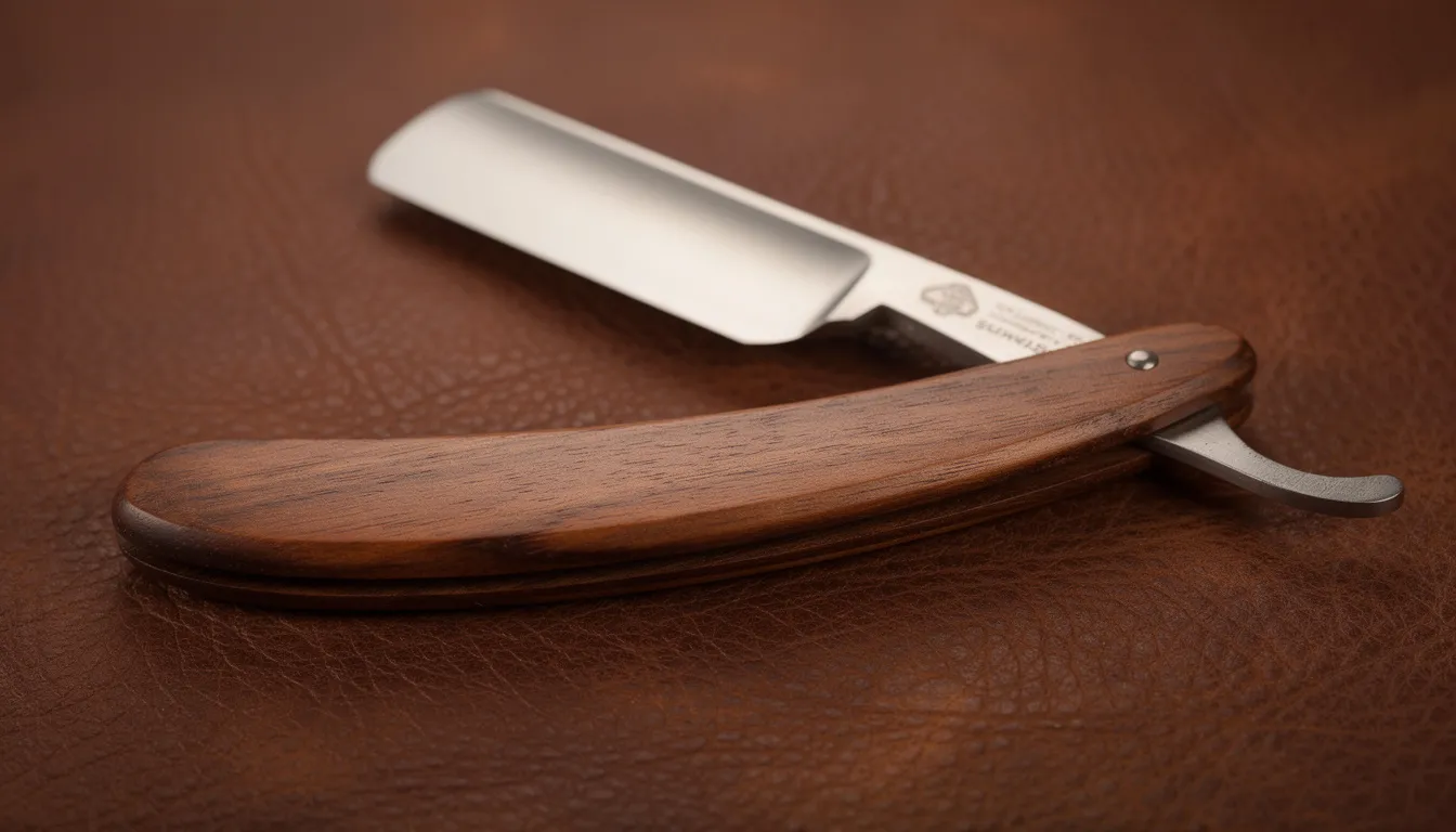 A traditional straight razor with a wooden handle lies open on a smooth leather surface, showcasing its sharp blade, ready for an authentic straight razor shaving experience. The rich texture of the leather complements the classic design of the razor, emphasizing its role in achieving a close shave.