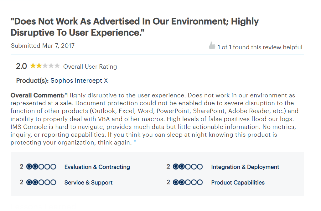 Sophos negative review 3 about dlp software issues. The review is from Gartner with an overall 2.0 user rating score.