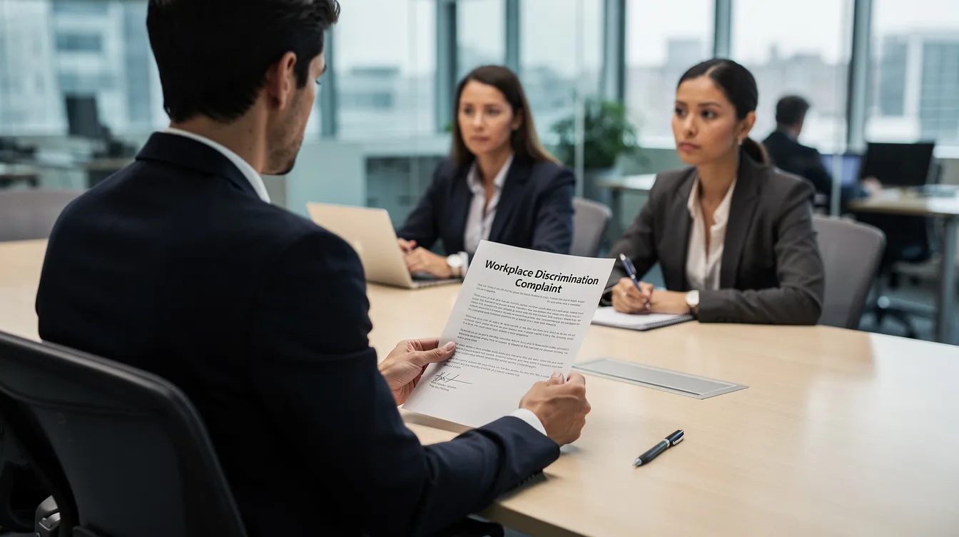 The image depicts a person filing a workplace discrimination complaint, highlighting issues related to employment discrimination and civil rights. It emphasizes the importance of equal employment opportunity and the legal protections provided under federal laws for job applicants facing discriminatory practices.
