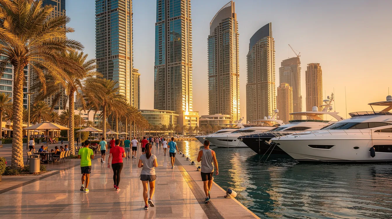 The image depicts a vibrant waterfront promenade in Dubai, bustling with pedestrians strolling along palm-lined paths while luxury yachts are docked in the marina. This lively scene reflects Dubai's appeal as a prime location for real estate investment, showcasing the city's world-class infrastructure and attracting global investors interested in the lucrative property market.