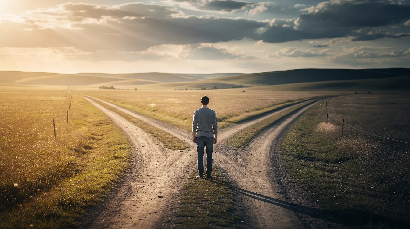 The image depicts a person standing at a crossroads, contemplating two distinct paths that lead in different directions, symbolizing choices and decision-making. This scene captures the essence of navigating life's options, much like choosing between various AI tools such as Claude and ChatGPT for content creation and long-form writing.