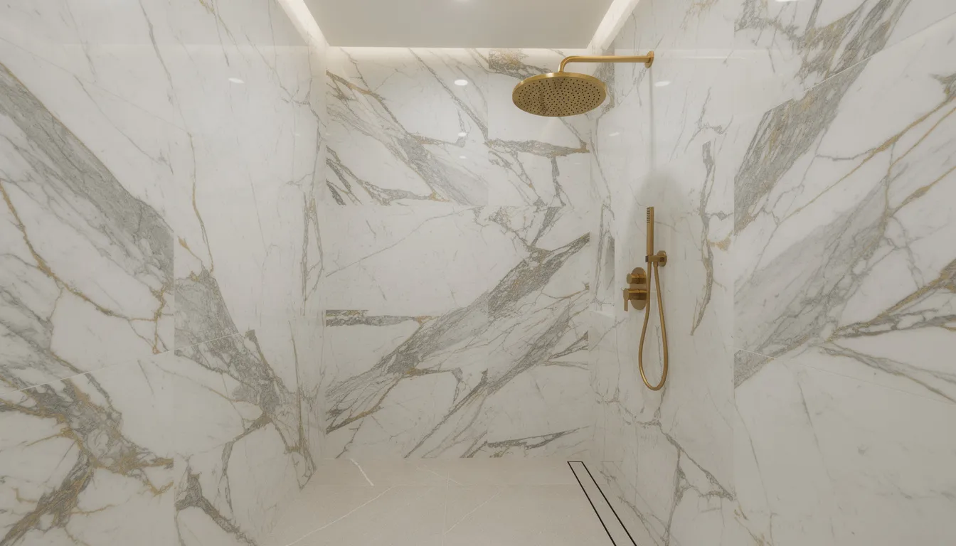 De afbeelding toont een luxe douchewand met Calacatta-look PVC panelen en een gouden regendouche, die een elegante uitstraling aan de badkamer geeft. De wandpanelen zijn perfect gemonteerd en stralen een hoogwaardige afwerking uit, ideaal voor een moderne interieurstijl.