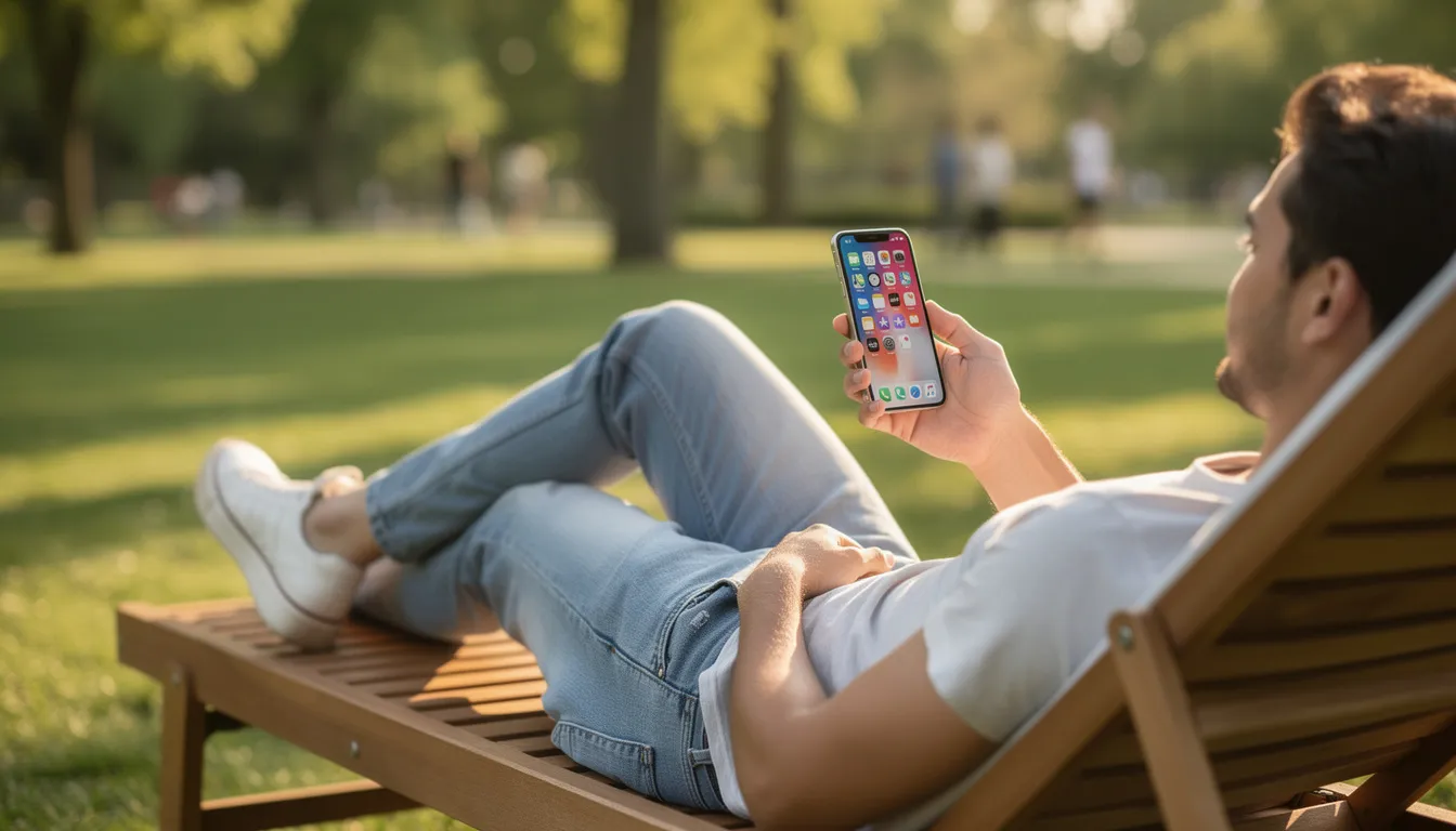 En person sitter avslappnat utomhus och håller en smartphone i handen, troligtvis för att spela via live på Duelz casino. Bakgrunden visar en grönskande miljö, vilket skapar en lugn och avkopplande atmosfär.