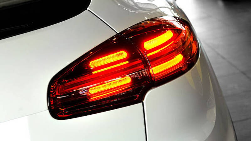 Illuminated LED tail lights of a car. 