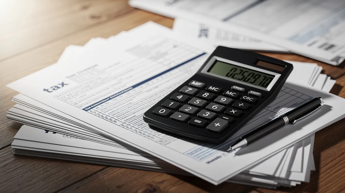 The image shows tax forms and a calculator neatly arranged on a wooden desk, suggesting a workspace for self employed individuals managing their social security taxes and business expenses. This setting emphasizes the importance of proper documentation for those applying for social security disability benefits or navigating self employment taxes.