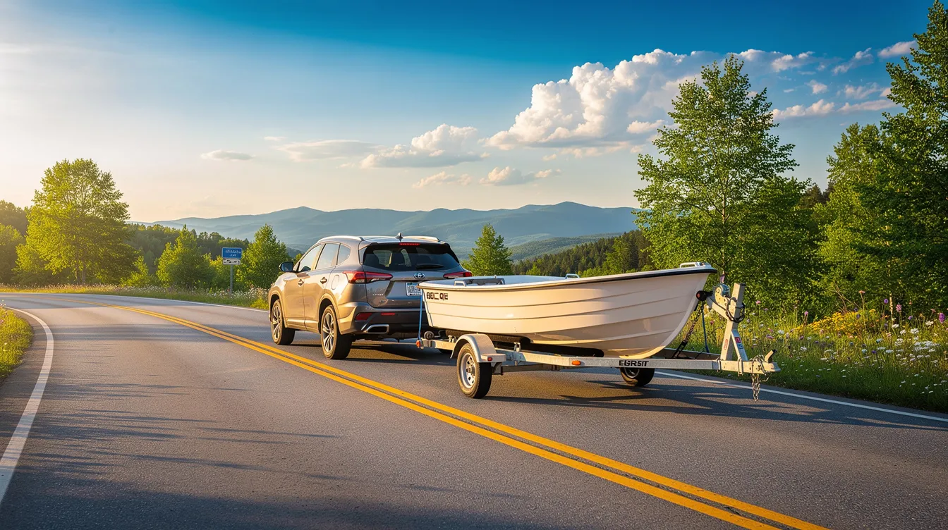 A vehicle is towing a small boat on a trailer along a scenic summer highway, surrounded by lush greenery and clear blue skies. This image captures the essence of summer road trips, reminding travelers to review their auto insurance coverage and confirm rental car coverage for a safe journey.