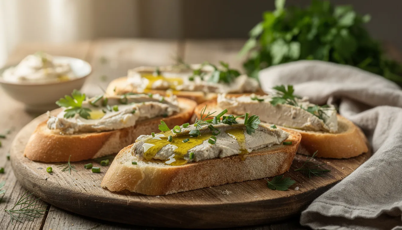 L'image montre des tartines délicieuses garnies de foie de morue, ornées d'herbes fraîches, prêtes à être dégustées comme un apéritif savoureux. Ces toasts, riches en oméga 3 et en vitamines, promettent un moment de plaisir et de bien-être lors de vos repas.