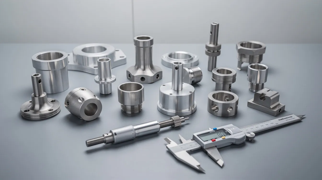 An array of precision-machined aluminum and stainless steel prototype parts is neatly arranged on an inspection table, with calipers positioned nearby for measurement. This setup highlights the meticulous nature of the prototyping process, essential for achieving tight tolerances in functional prototypes used across various industries.