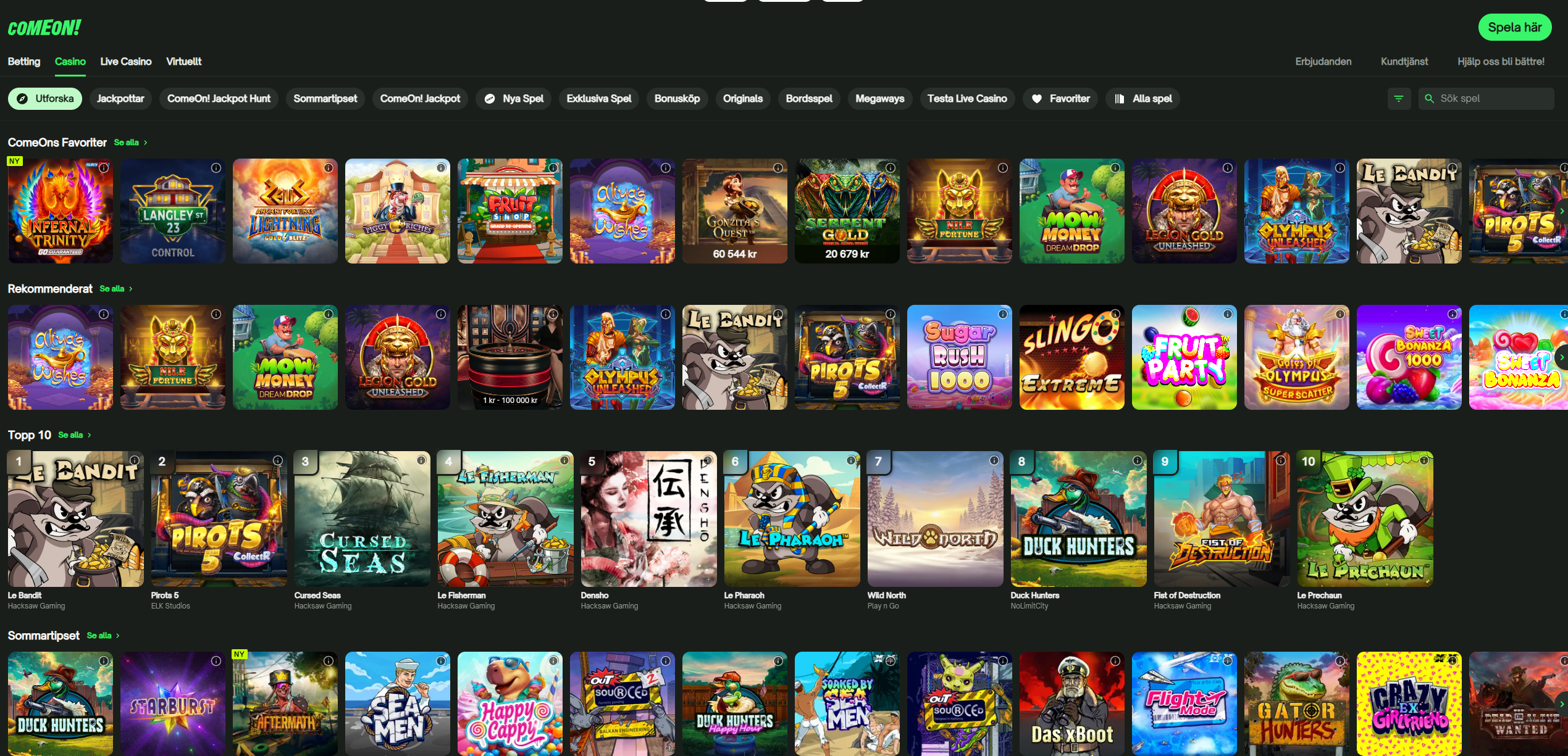 ComeOns casinosida med slots, favoriter och rekommenderade casinospel.