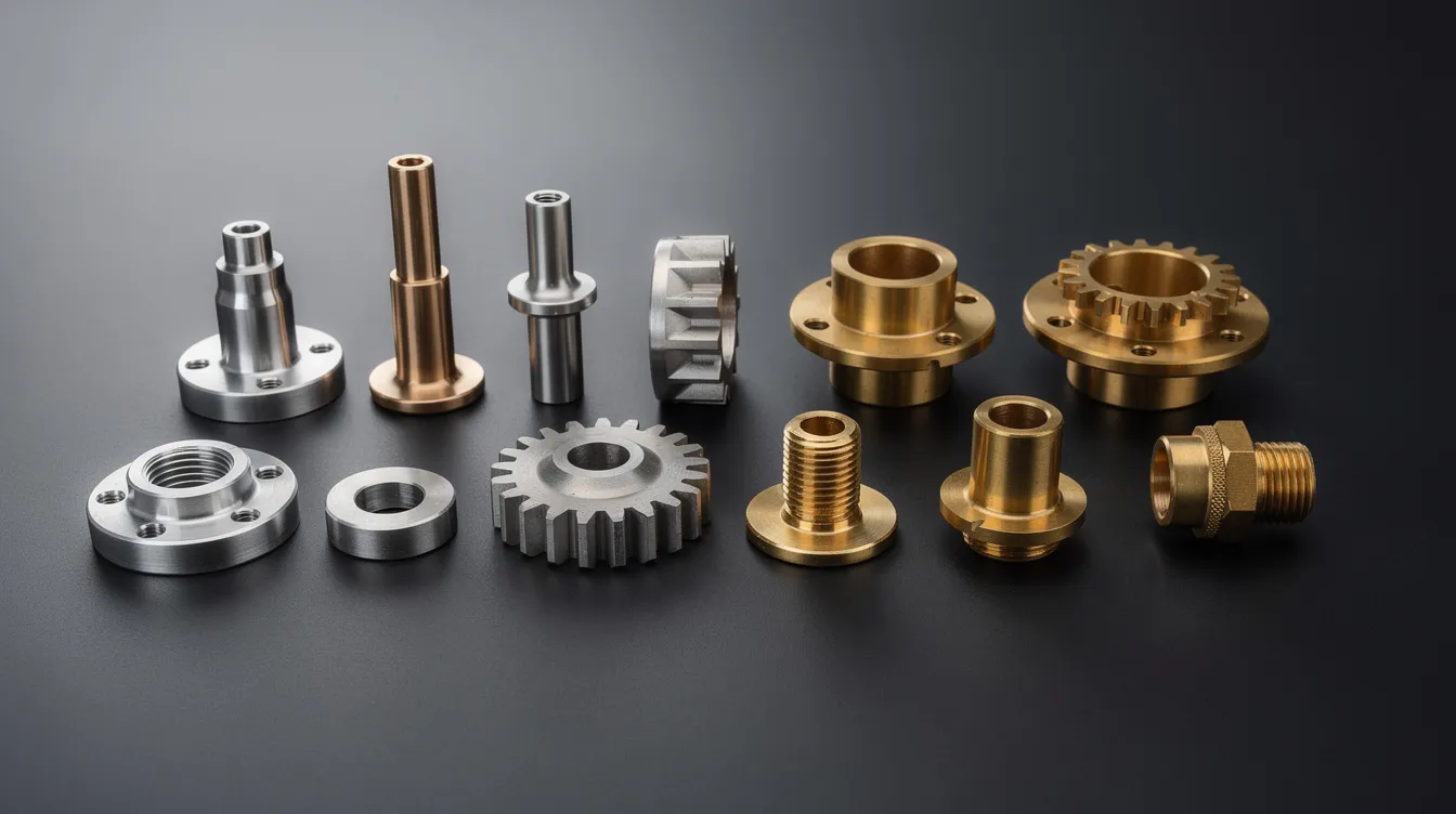 An array of precision machined components made from aluminum, stainless steel, and brass is displayed on a dark surface, showcasing their high quality and consistent performance essential for critical applications in various industries such as electronics and medical devices. Each component reflects the advanced technology and manufacturing processes, ensuring tight tolerances and durability for reliable functionality.
