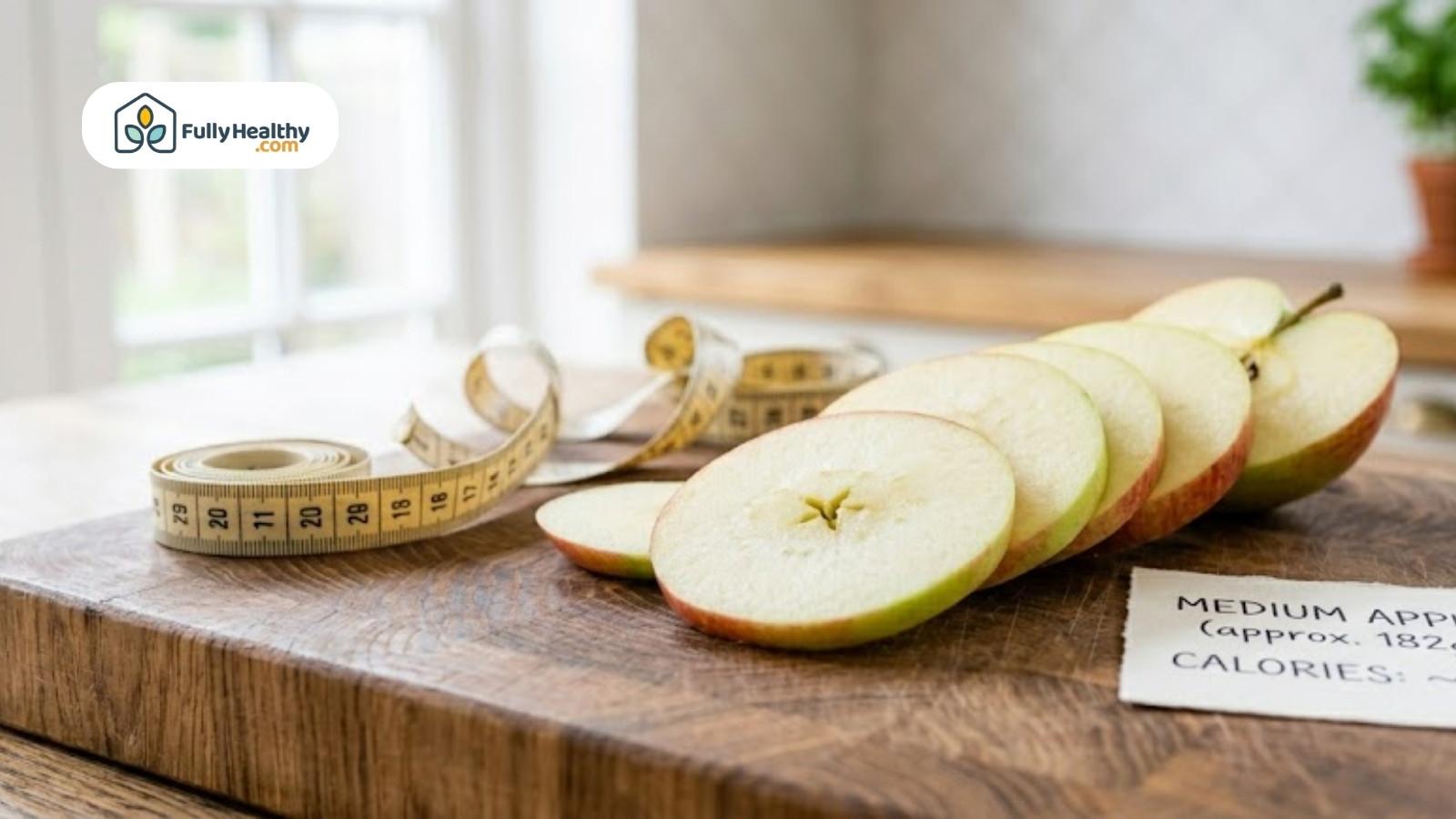 Sliced apple on cutting board with measuring tape showing portion control