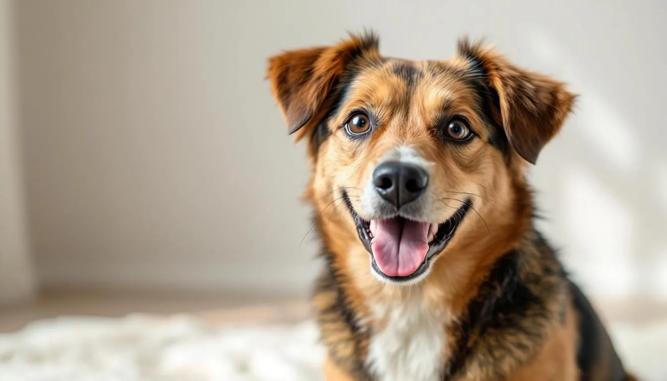 A joyful dog with clear, healthy eyes after successful eye treatment, showcasing the improvement in its eye health and the absence of redness or irritation. The dog