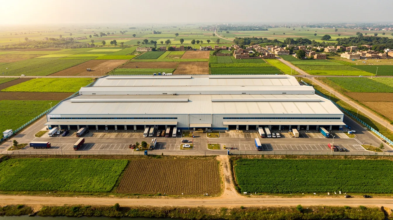 223d0f92 0ad7 4be4 80cd 99cf3ee6f13b An aerial view captures a large modern ethanol manufacturing plant situated amidst vast agricultural farmland in India, highlighting the integration of industrial production with renewable energy sources. The facility is designed for efficient ethanol production, emphasizing its role in meeting market demand and supporting the ethanol industry.