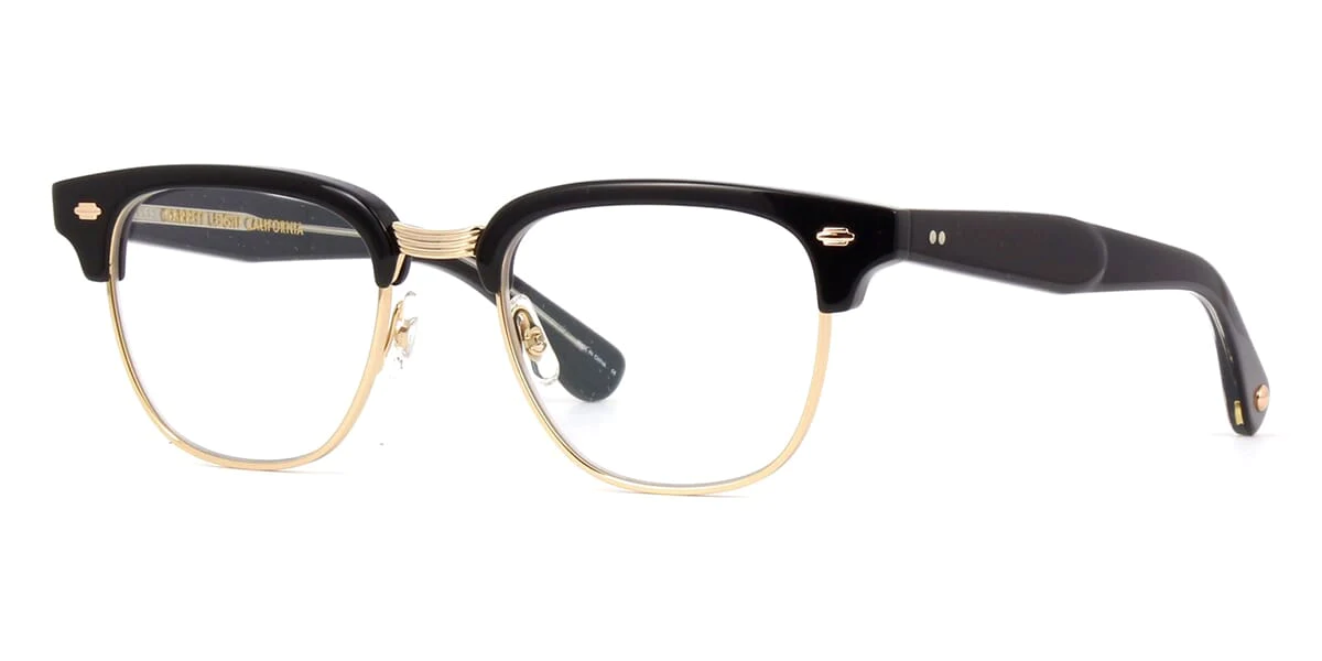 Three quarter view of black and gold semi-rimless glasses frame