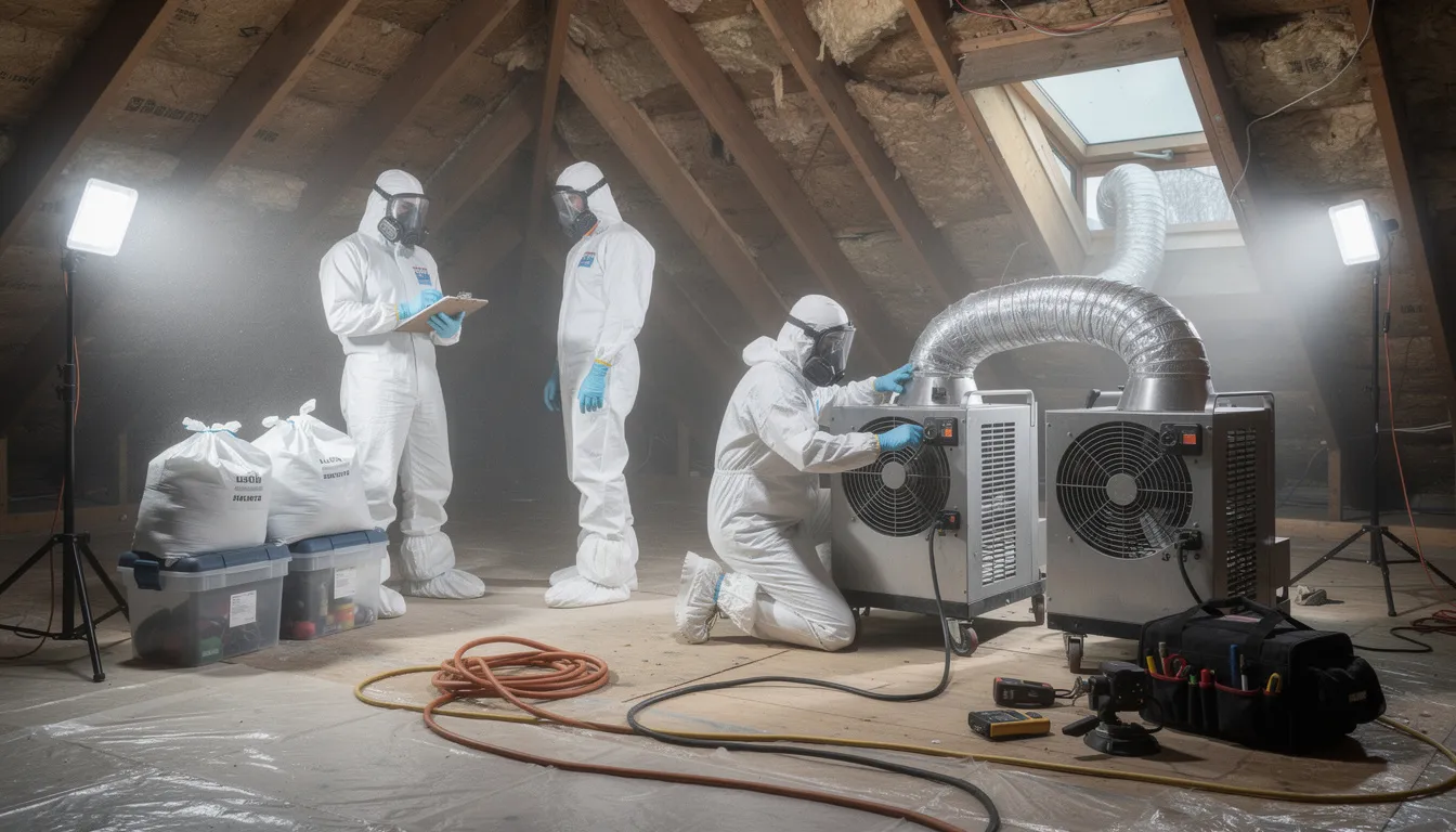 A professional remediation team is seen preparing for an attic cleaning project, equipped with HEPA filtration equipment and protective gear. They are focused on ensuring a thorough cleaning process to improve indoor air quality and address potential hazards like rodent droppings and mold growth.