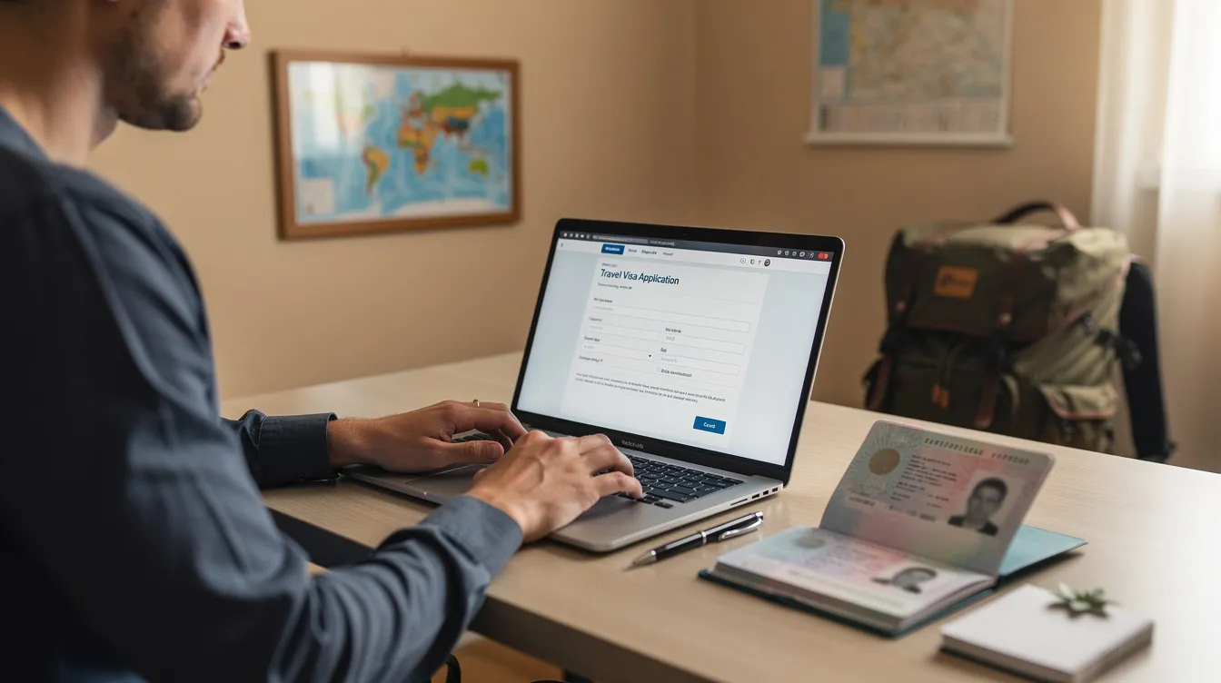 A traveler is seated at a desk at home, focused on a computer screen while filling out an online visa application form. A passport rests on the desk, emphasizing the importance of completing the process for obtaining a valid visa for travel or employment.