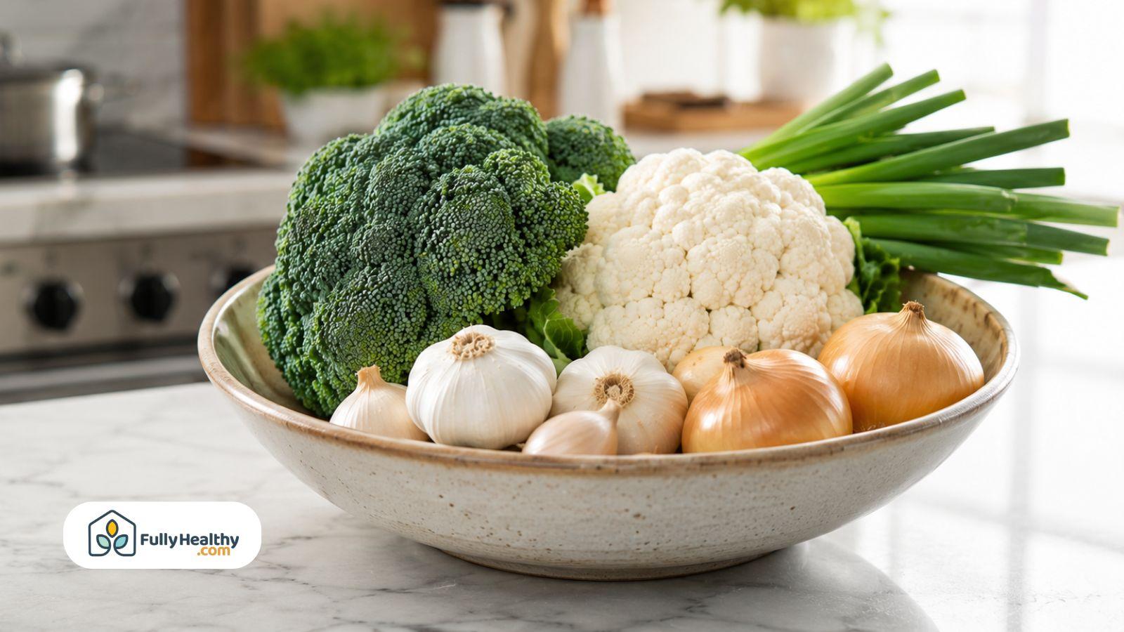 Bowl filled with broccoli, cauliflower, onions, garlic, and green onions neatly arranged.