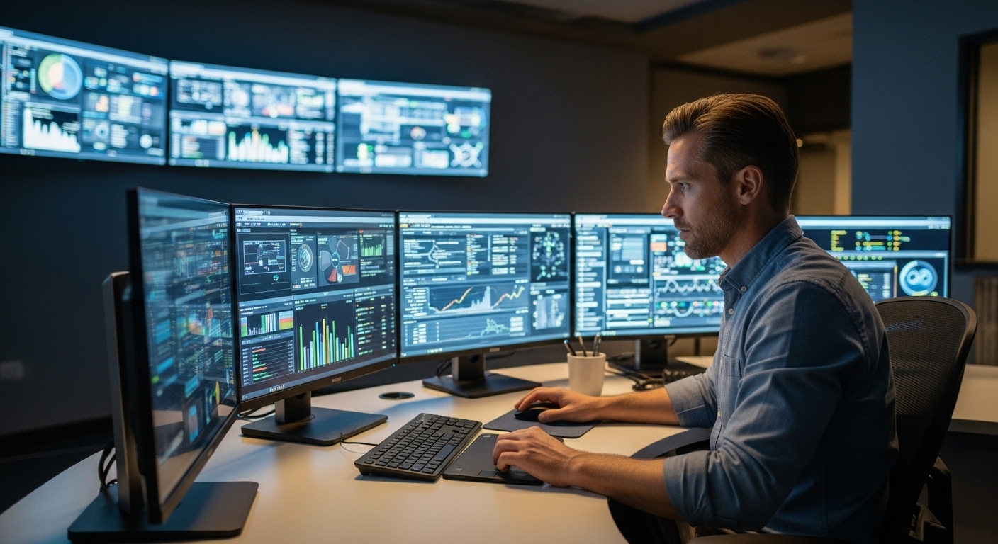 “IT administrator managing centralized dashboard controlling thousands of school devices and applications.