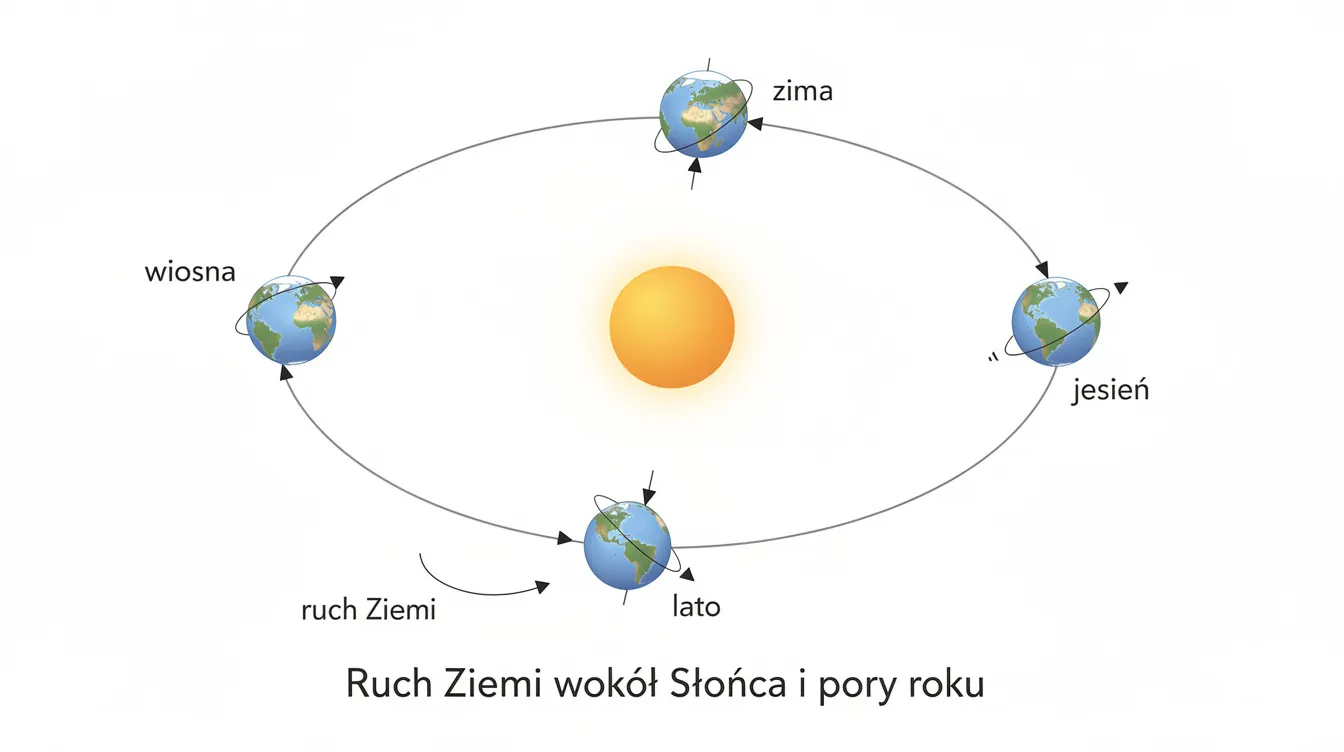 Schemat przedstawia Ziemię w czterech pozycjach na orbicie wok&oacute;ł Słońca, ilustrując zmiany p&oacute;r roku: wiosnę, lato, jesień i zimę, z zaznaczonym nachyleniem osi ziemskiej. Można dostrzec wpływ kąt&oacute;w padania promieni słonecznych na wysokość g&oacute;rowania Słońca oraz zmiany długości dnia i nocy w r&oacute;żnych strefach oświetlenia Ziemi.