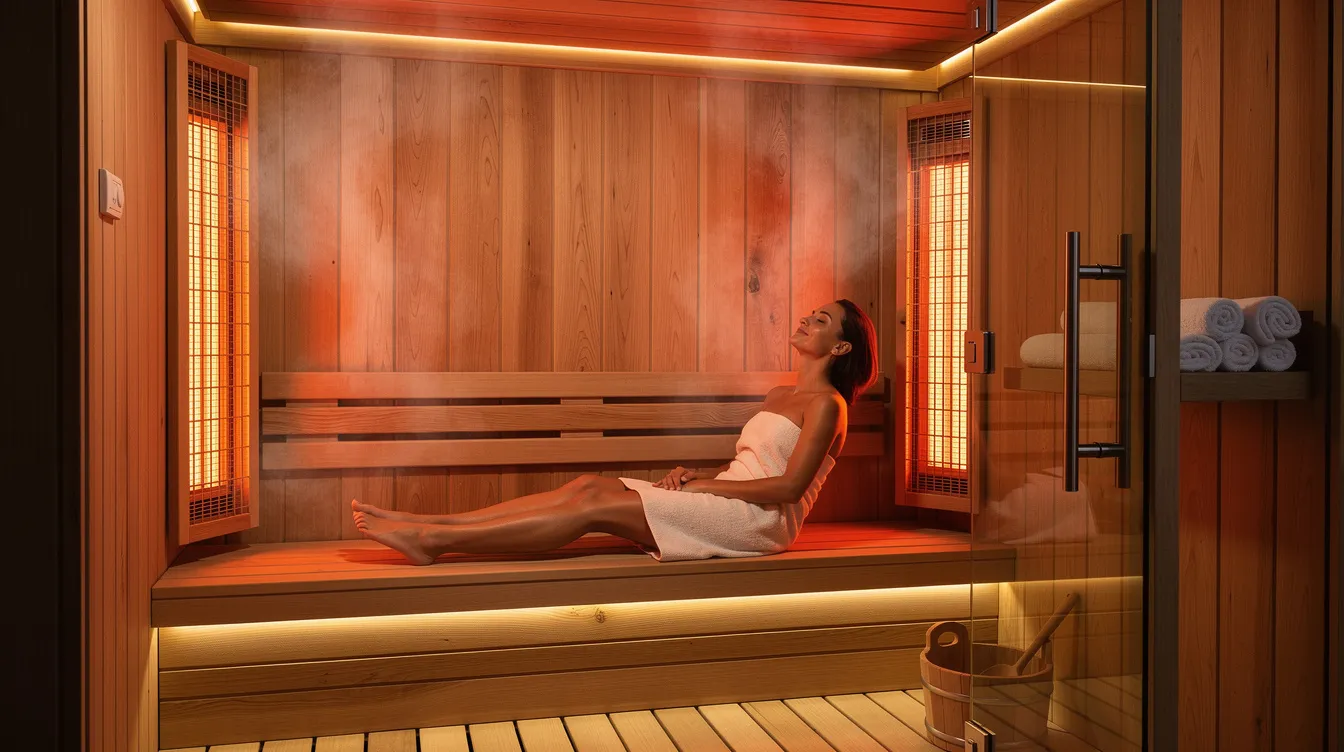 A person is seen relaxing inside a modern wooden infrared sauna cabin, illuminated by soft ambient lighting, highlighting the wellness benefits of infrared sauna therapy. This serene environment promotes muscle recovery and detoxification while debunking common myths about infrared saunas and their health advantages.