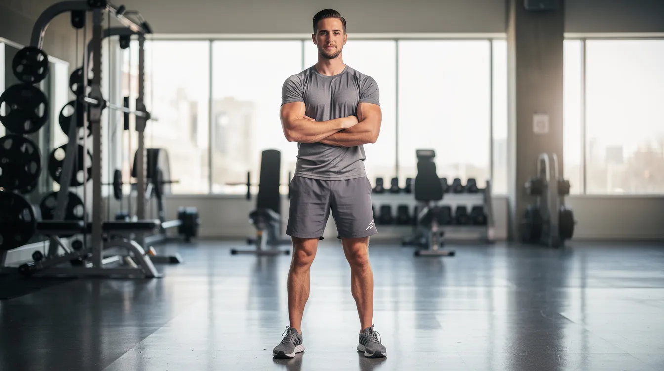 The image shows a confident man with an athletic build at the gym, showcasing a masculine chest contour. He embodies the results of effective fitness routines and possibly surgical procedures like male breast reduction surgery, which can address issues like gynecomastia and excess breast tissue.